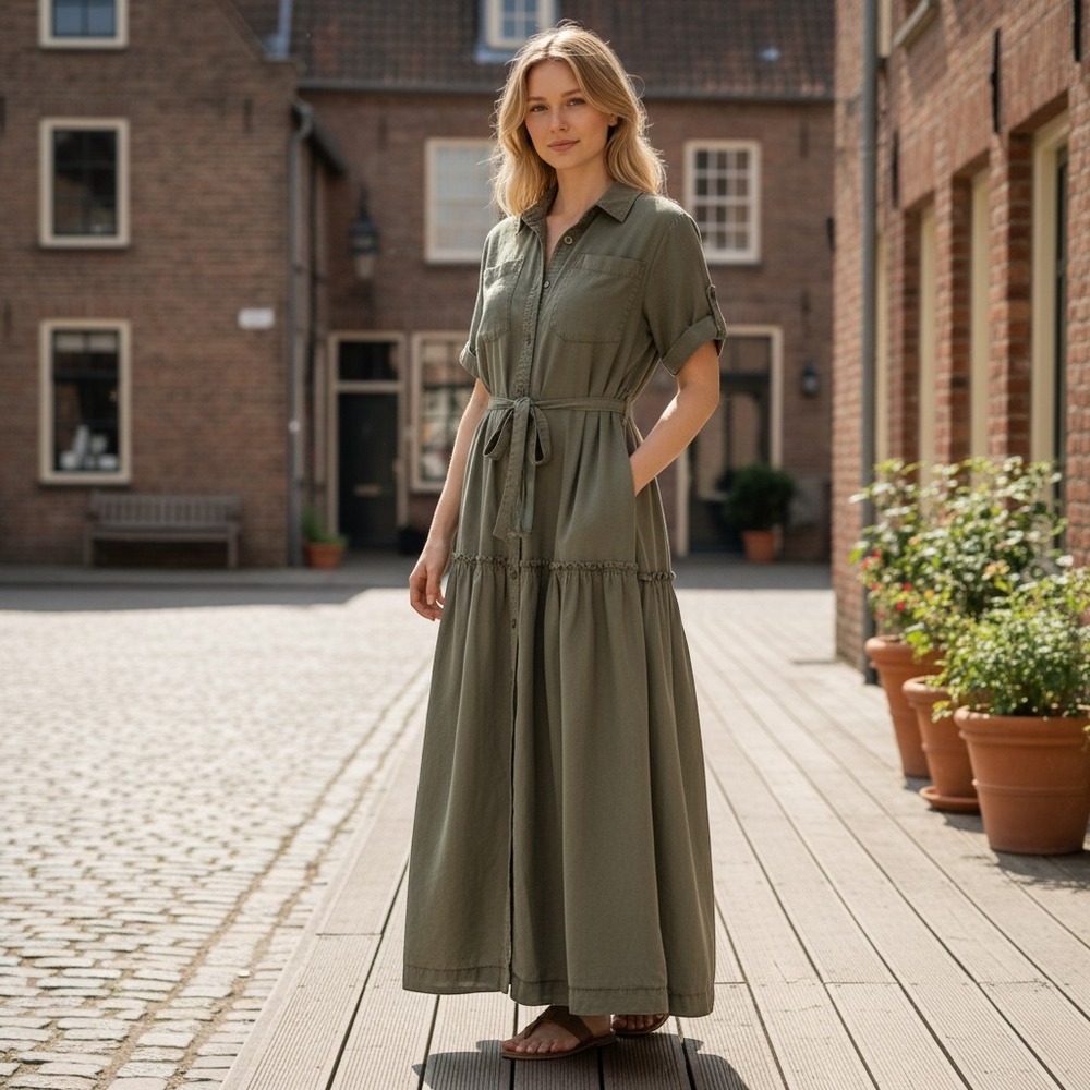 Isabel by Ingrid & Isabel Maternity Olive Green Lyocell Tiered Maxi Dress L
